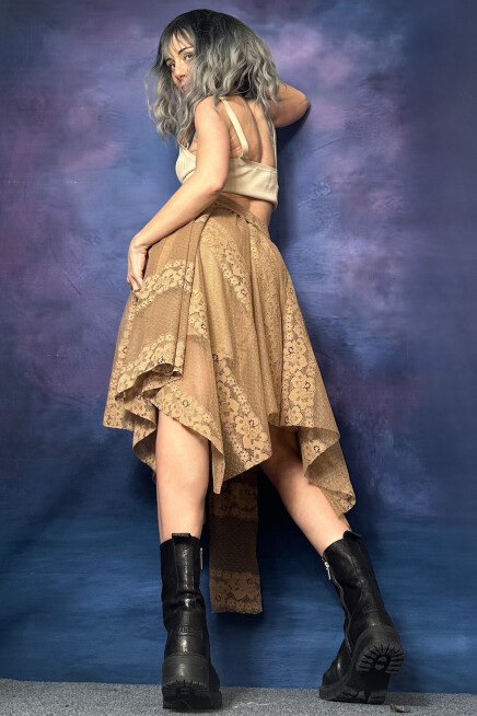 SÜTLÜ KAHVE DANTEL TÜL ASİMETRİK ETEK