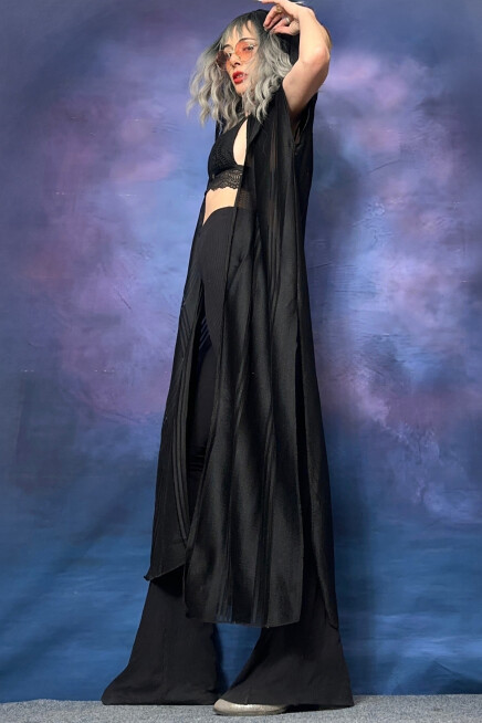 TRANSPARAN KAPŞONLU SİYAH YELEK