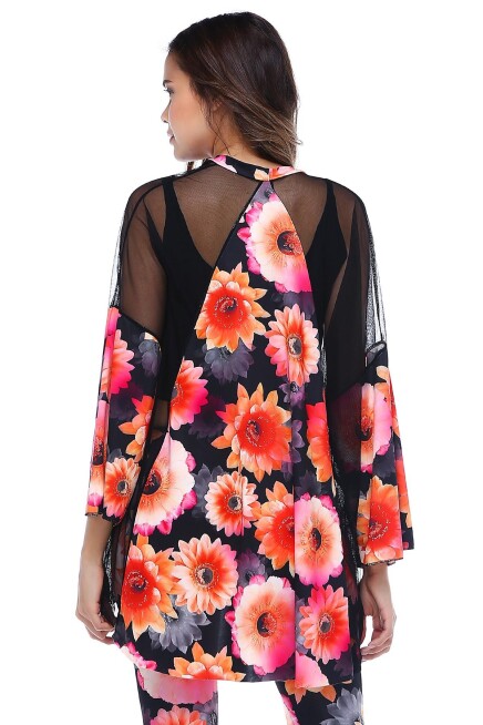 ÇİÇEK DESENLİ TÜL DETAYLI KİMONO  