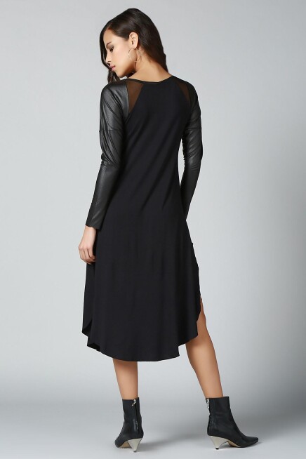 DERİ DETAYLI ELBİSE  