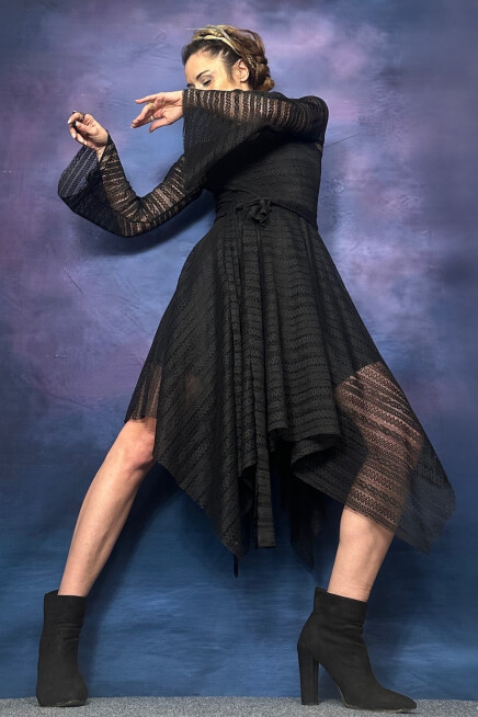 ASİMETRİK KESİM DANTEL İSPANYOL KOL ELBİSE SİYAH