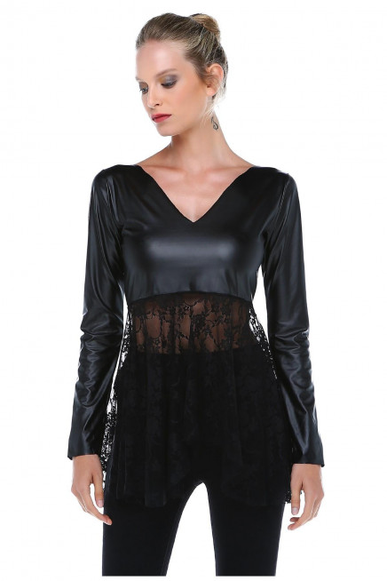 DANTEL DETAYLI DERİ BLUZ  