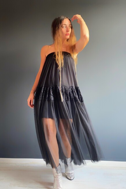 DANTEL TÜL STRAPLEZ ELBİSE 