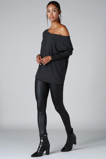 DERİ KOL DETAY TRİKO KAZAK  