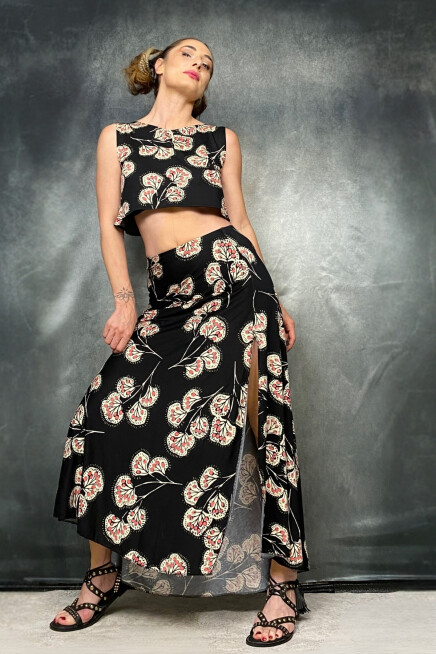 ETNİK DESENLİ YIRTMAÇLI ETEK 36