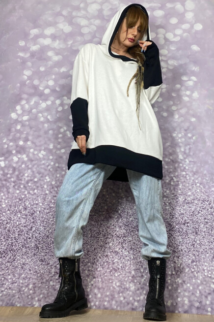 KAPŞONLU SİYAH BEYAZ SWEATSHİRT