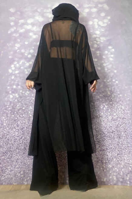 KAPŞONLU TÜL TRANSPARAN HIRKA / KİMONO