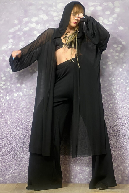 KAPŞONLU TÜL TRANSPARAN HIRKA / KİMONO