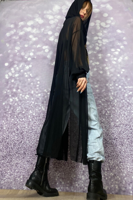 KAPŞONLU TÜL TRANSPARAN HIRKA / KİMONO