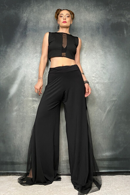 PUANTİYE TÜL KOLLU KADİFE BLUZ 