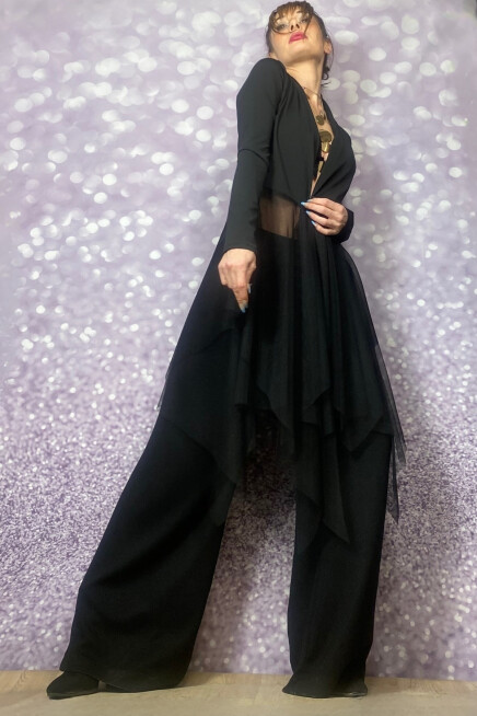 TÜL DETAYLI ASİMETRİK KESİM SCUBA SİYAH CEKET