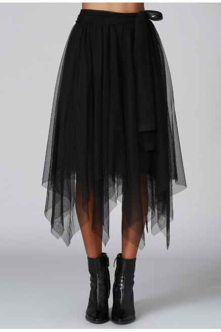 Tül Asimetrik İki Katlı Astarlı Halloween Cadılar Tül Etek