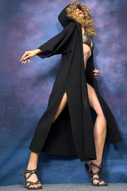 BAMBU PAMUK KAPŞONLU PLAJ KİMONO HIRKA