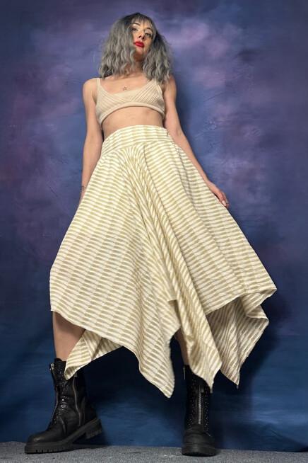 SİMLİ TRİKO ASİMETRİK ÇİZGİLİ BEJ ETEK