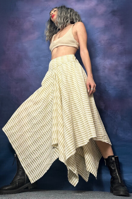 SİMLİ TRİKO ASİMETRİK ÇİZGİLİ BEJ ETEK