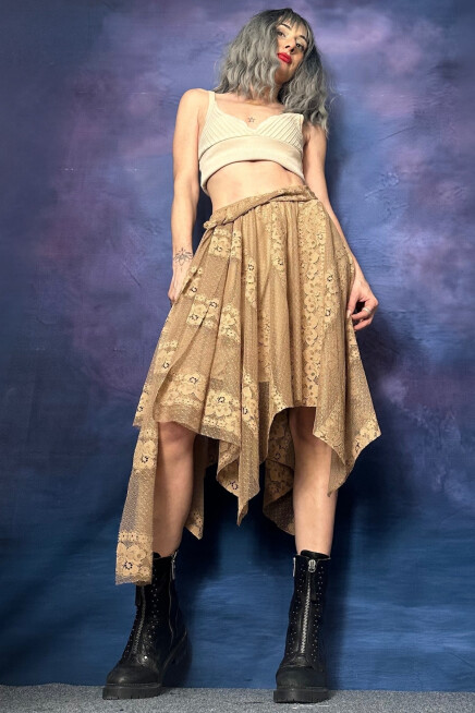 SÜTLÜ KAHVE DANTEL TÜL ASİMETRİK ETEK